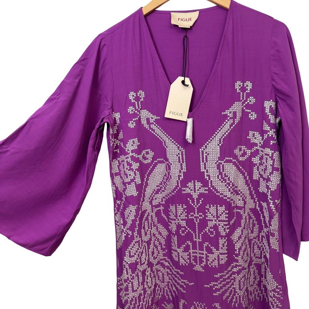 NEW Figue Dress Kaftan XS Purple Peacock Embroidered Maxi Spring Wedding Guest - Picture 4 of 14